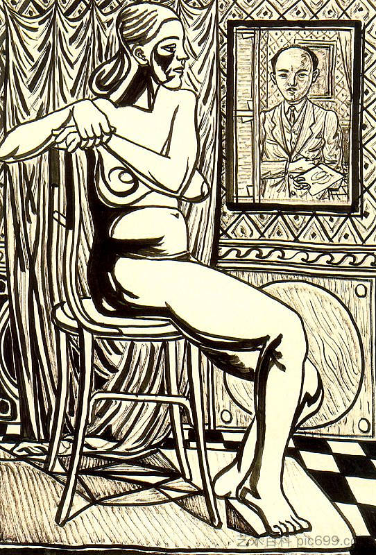 坐着的女性裸体和艺术家的自画像 Seated female nude and artist's self-portrait，拉斐尔·萨巴莱塔