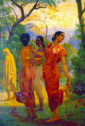 沙昆塔拉回头瞥见杜希扬塔 Shakuntala looking back to glimpse Dushyanta，拉贾·拉维·瓦尔马
