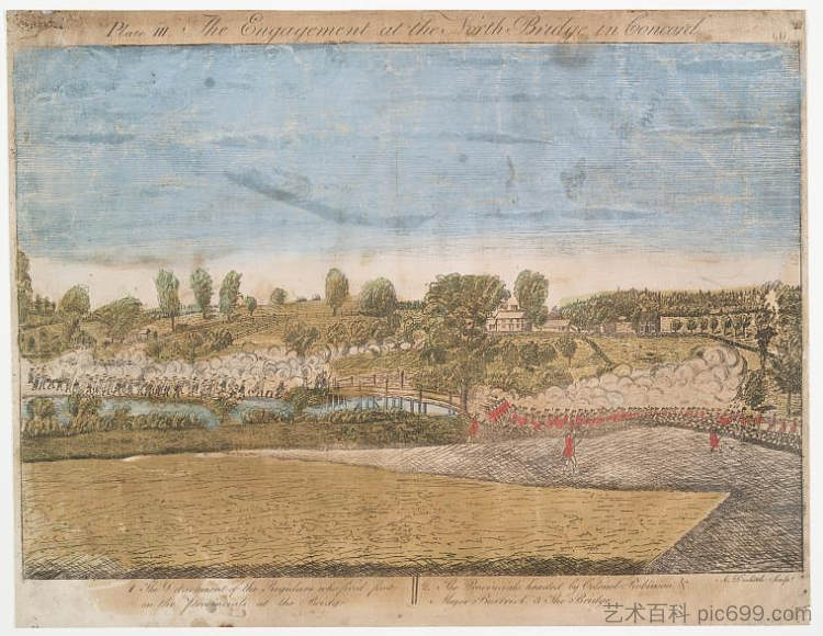 图版三。康科德北桥的订婚 Plate III. The engagement at the North Bridge in Concord (1775)，拉尔夫·厄尔