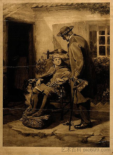 一位医生把手放在一个生病男孩的头上，在乡村小屋外。 A Doctor Placing His Hand on the Head of a Sick Boy, Outside A Country Cottage. (1898)，拉尔夫·赫德利