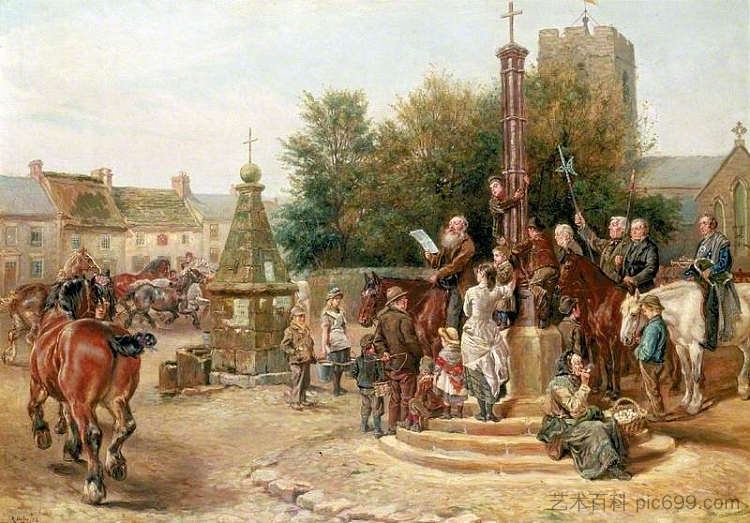 在诺森伯兰郡科布里奇宣布鹿肖博览会 Proclaiming Stagshaw Fair at Corbridge, Northumberland (1882)，拉尔夫·赫德利