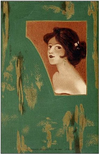 绿色面板上的女孩头和肩膀 Girls’ heads and shoulders on a green panel，拉斐尔基什内尔