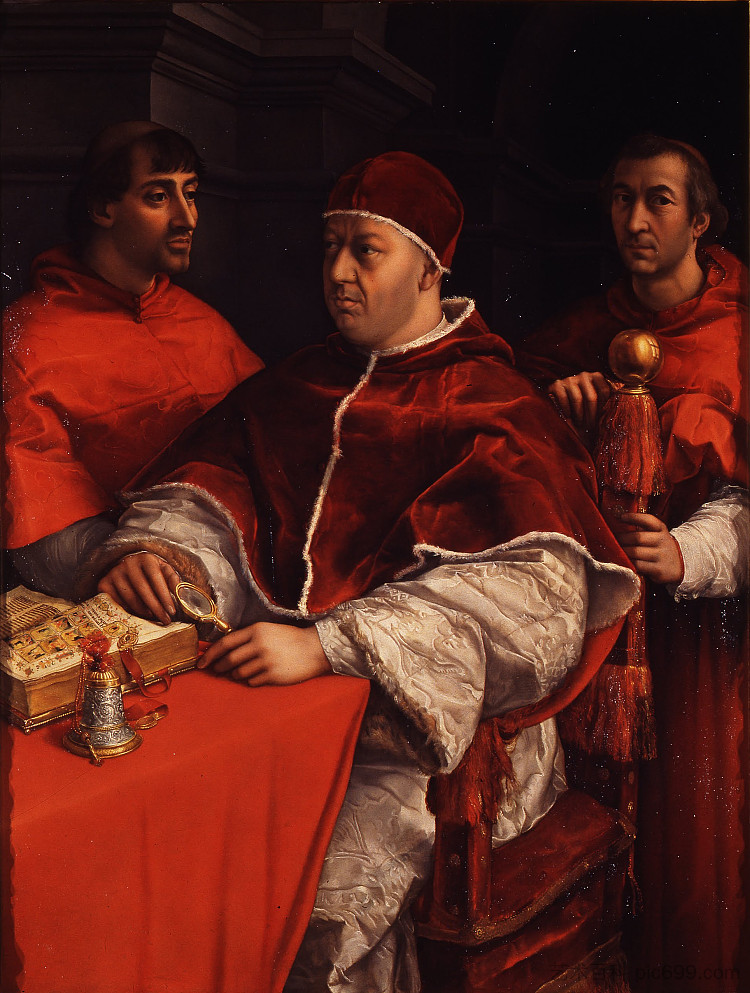 利奥十世、红衣主教路易吉·德·罗西和朱利奥·德·美第奇的肖像 Portraits of Leo X, Cardinal Luigi de' Rossi and Giulio de Medici (1518),拉斐尔