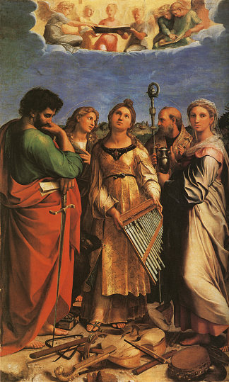 圣塞西莉亚与圣保罗、约翰福音传教士、奥古斯丁和抹大拉的马利亚 St. Cecilia with Sts. Paul, John Evangelists, Augustine and Mary Magdalene (c.1513 – 1516)，拉斐尔
