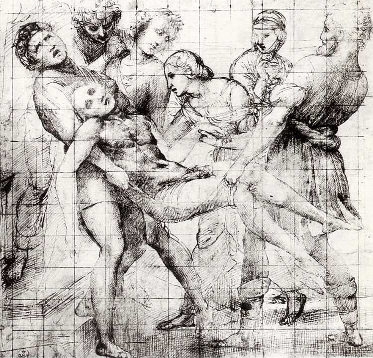 罗马博尔盖塞美术馆的“埋葬”研究 Study for the 'Entombment' in the Galleria Borghese, Rome (c.1505)，拉斐尔