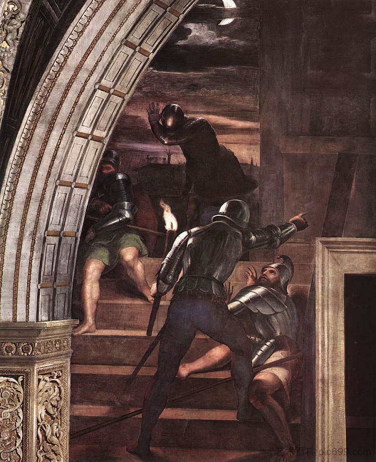 监狱外的看守,细节来自埃利奥多罗节中的“圣彼得的解放” The Guards Outside the Prison, detail from 'The Liberation of St Peter' in the Stanza d'Eliodoro (1512 - 1514),拉斐尔