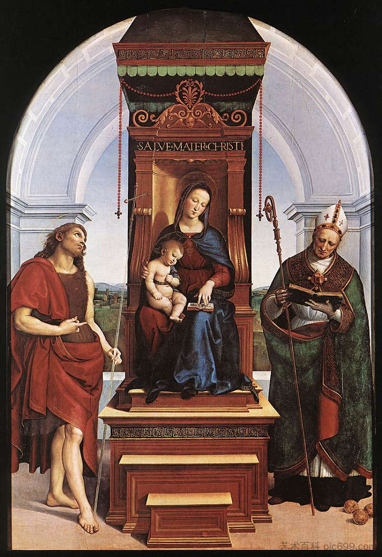 麦当娜和孩子与施洗者圣约翰和巴里的圣尼古拉斯 The Madonna and Child with St. John the Baptist and St. Nicholas of Bari (1505)，拉斐尔