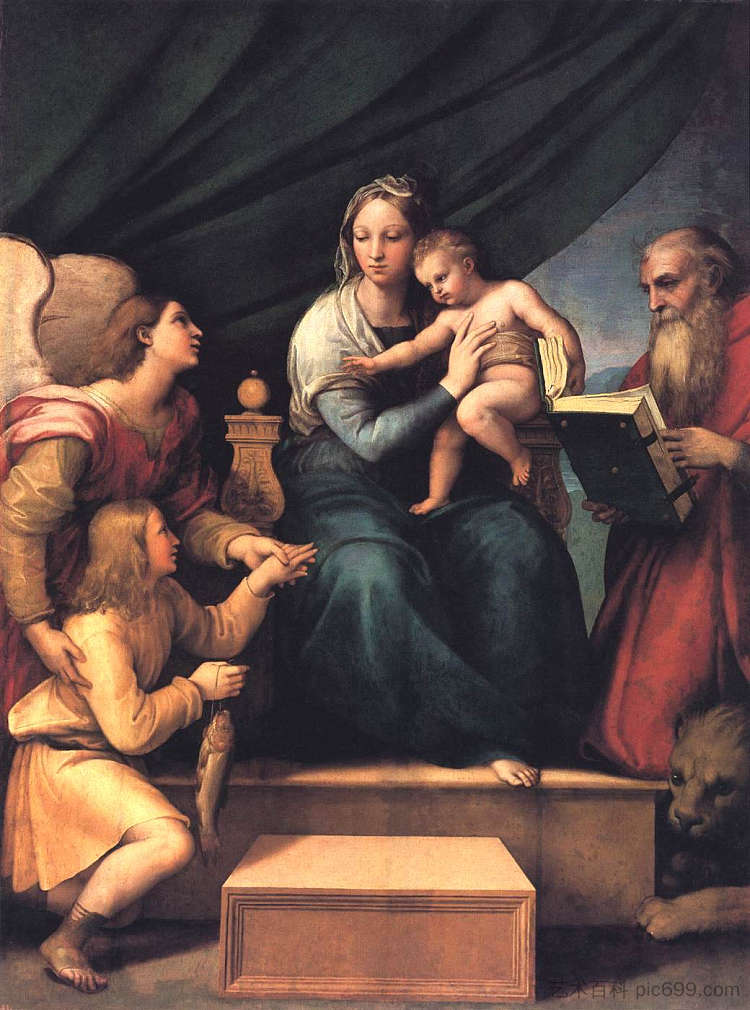 鱼的麦当娜（麦当娜与大天使加百列和圣杰罗姆） The Madonna of the Fish (The Madonna with the Archangel Gabriel and St. Jerome) (c.1513)，拉斐尔