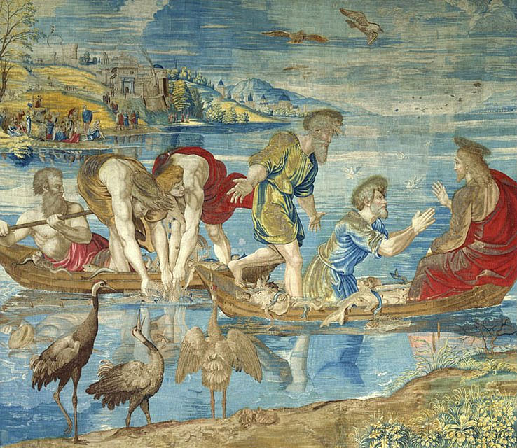 神奇的鱼吃水（西斯廷教堂的漫画） The Miraculous Draught of Fishes (cartoon for the Sistine Chapel) (1515)，拉斐尔