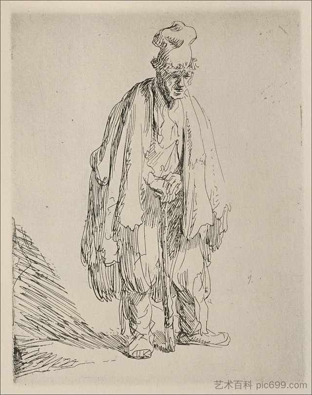 一个乞丐站着，靠在一根棍子上 A Beggar Standing and Leaning on a Stick (1632)，伦勃朗