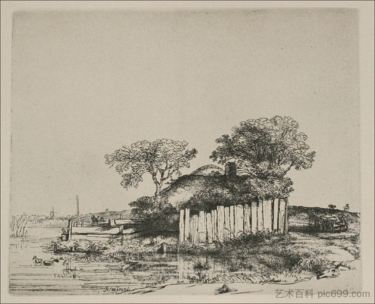 白色苍白的小屋 A Cottage with White Pales (1642)，伦勃朗