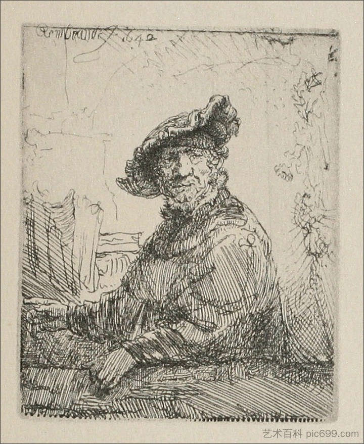 一个在凉亭里的男人 A Man in an Arboug (1642),伦勃朗
