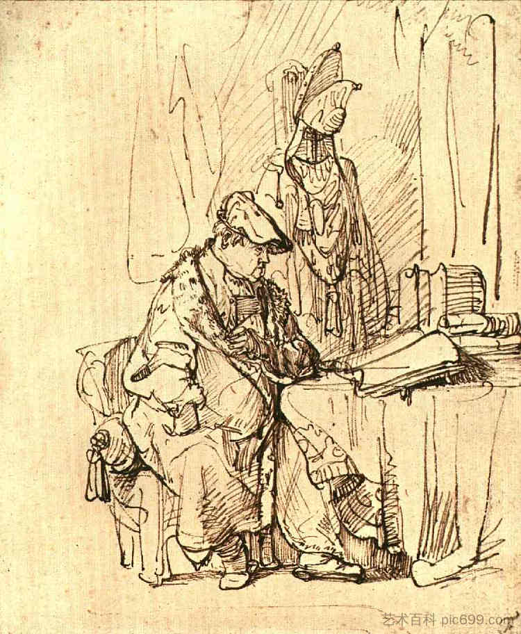 一个男人坐在铺满书籍的桌子旁 A Man Seated at a Table Covered with Books (1636)，伦勃朗