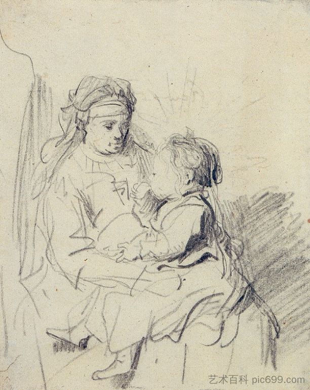 一个护士和一个吃东西的孩子 A Nurse and an Eating Child (c.1635)，伦勃朗