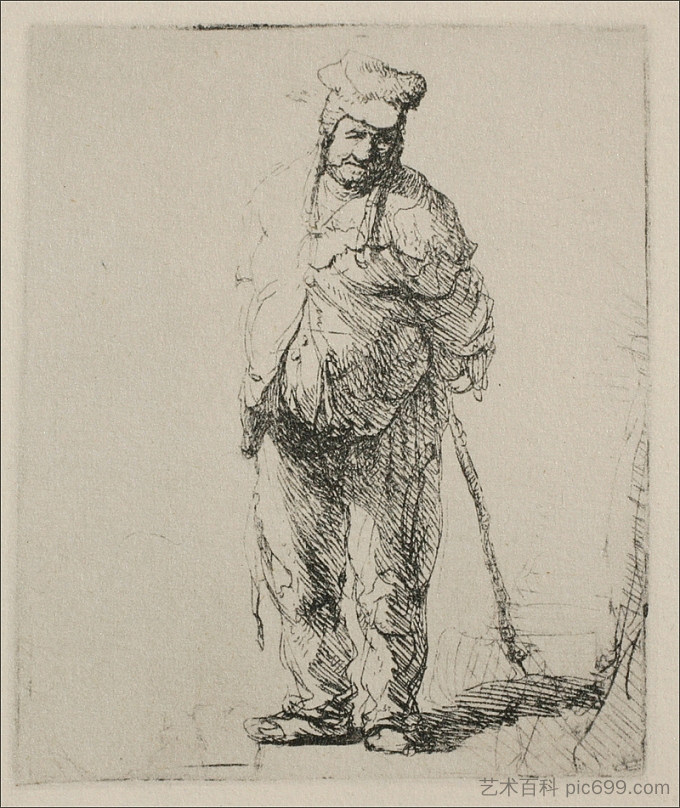 一个衣衫褴褛的农民，双手背在身后 A Ragged Peasant with his Hands Behind Him (1635)，伦勃朗