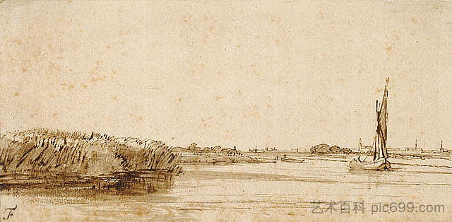 Nieuwe Meer河上的一艘帆船 A River with a Sailing Boat on Nieuwe Meer (c.1650)，伦勃朗