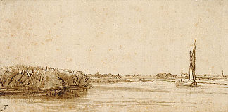 Nieuwe Meer河上的一艘帆船 A River with a Sailing Boat on Nieuwe Meer (c.1650)，伦勃朗