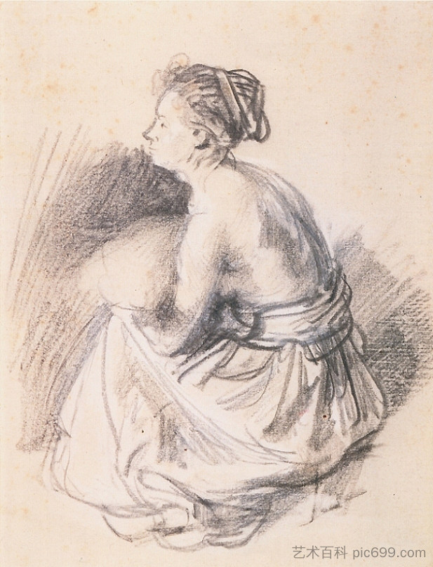 一个坐着的女人,赤裸到腰部 A Seated Woman, Naked to the Waist (c.1637),伦勃朗