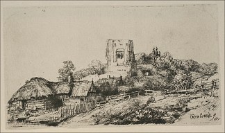 有方形塔的村庄 A Village with a Square Tower (1650)，伦勃朗
