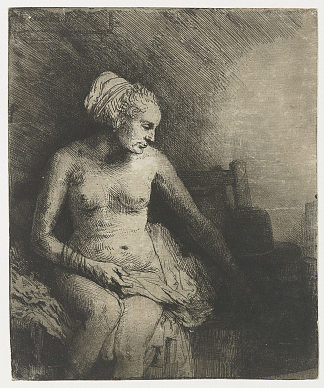 一个女人在洗澡，旁边放着一顶帽子 A woman at the bath with a hat beside her (1658)，伦勃朗