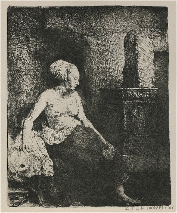 一位坐在荷兰火炉前的妇女 A Woman Seated Before a Dutch Stove (1658)，伦勃朗