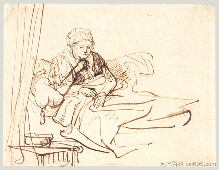 一个女人在床上坐起来 A Woman Sitting up in Bed (c.1642),伦勃朗