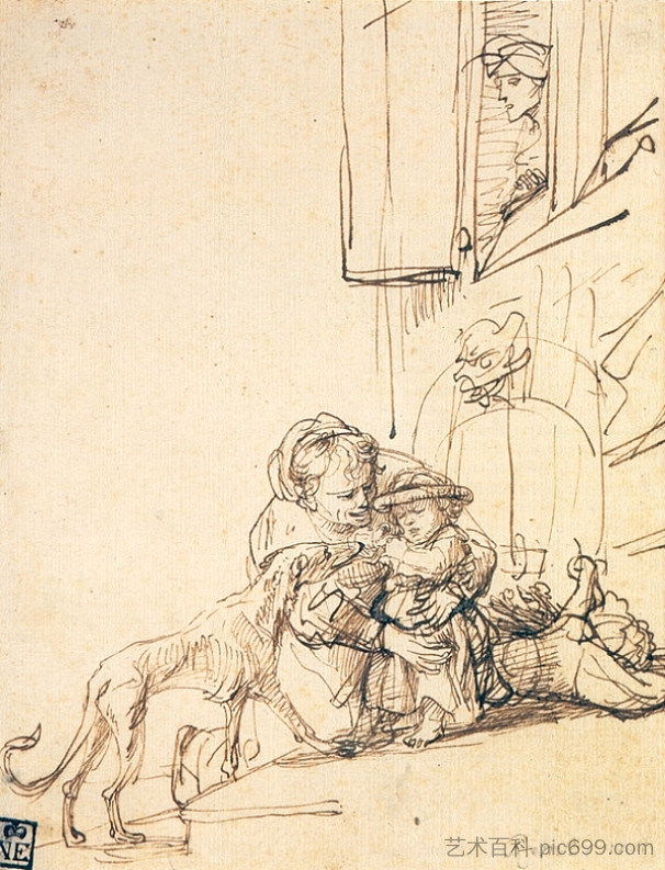 一个带着孩子的女人被狗吓坏了 A Woman with a Child Frightened by a Dog (1636),伦勃朗