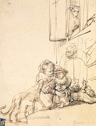 一个带着孩子的女人被狗吓坏了 A Woman with a Child Frightened by a Dog (1636)，伦勃朗