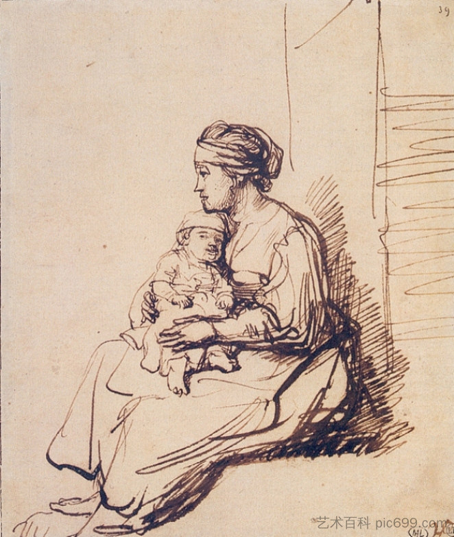 一个女人膝上抱着一个小孩 A Woman with a Little Child on her Lap,伦勃朗