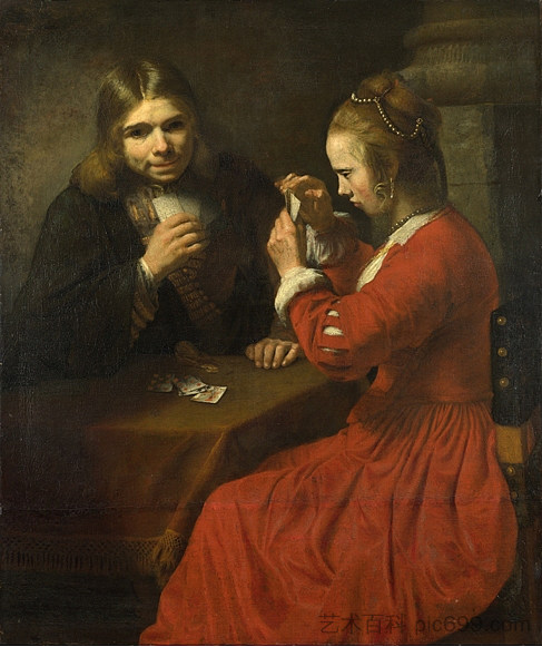 一个年轻人和一个女孩在打牌 A Young Man and a Girl playing Cards (c.1645 - c.1650)，伦勃朗