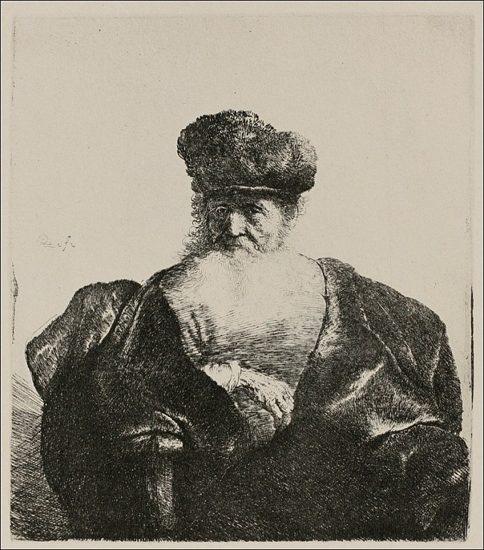 一个留着胡子、戴着皮帽和天鹅绒斗篷的老人 An Old Man with a Beard, Fur Cap and a Velvet Cloak (1632)，伦勃朗