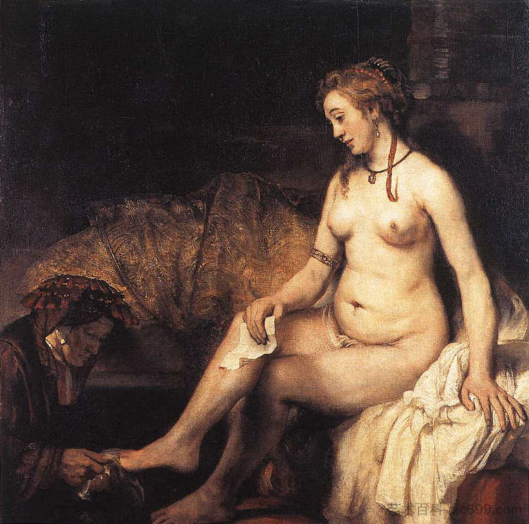拔示巴在洗澡(拔示巴拿着大卫王的信) Bathsheba at Her Bath (Bathsheba Holding King David's Letter) (1654),伦勃朗