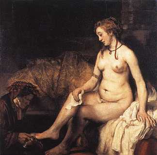 拔示巴在洗澡(拔示巴拿着大卫王的信) Bathsheba at Her Bath (Bathsheba Holding King David’s Letter) (1654)，伦勃朗