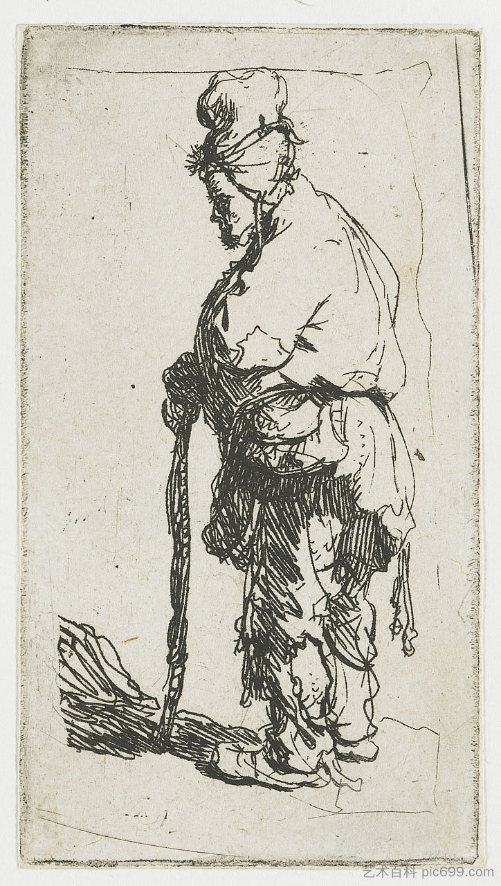 乞丐靠在棍子上,朝左 Beggar leaning on a stick, facing left (1630),伦勃朗