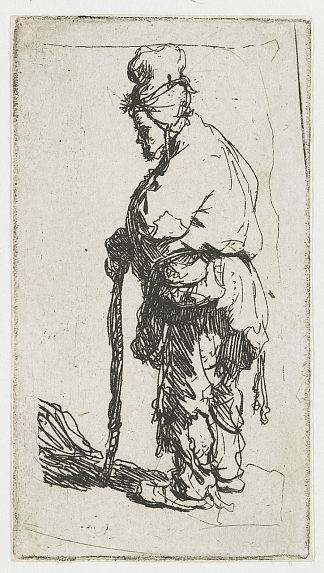 乞丐靠在棍子上，朝左 Beggar leaning on a stick, facing left (1630)，伦勃朗