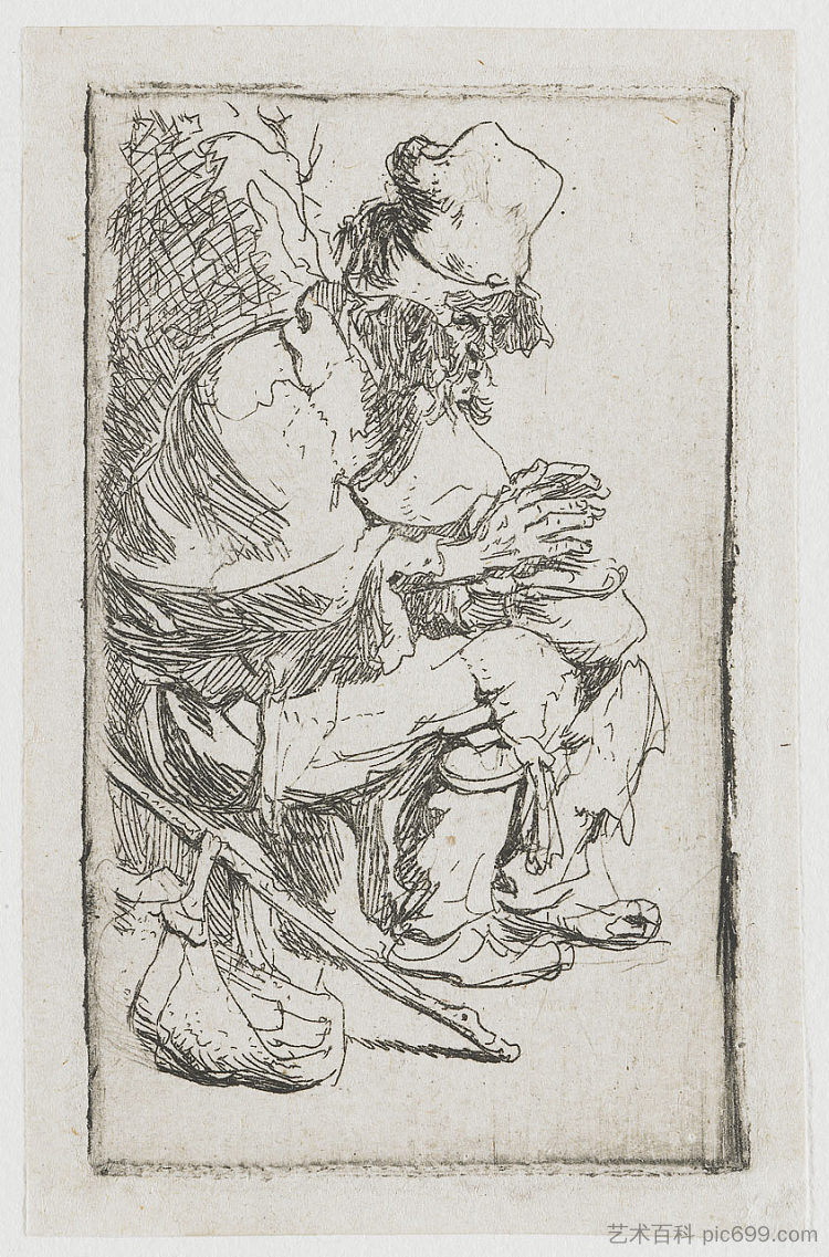 乞丐坐在火锅旁暖手 Beggar seated warming his hands at a chafing dish (1630)，伦勃朗