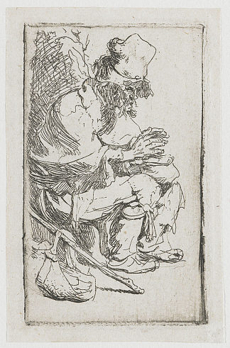 乞丐坐在火锅旁暖手 Beggar seated warming his hands at a chafing dish (1630)，伦勃朗