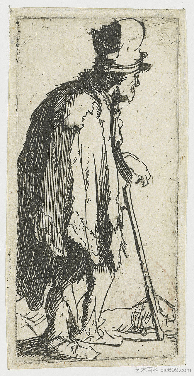 乞丐与一只残废的手靠在一根棍子上 Beggar with a crippled hand leaning on a stick (1629),伦勃朗