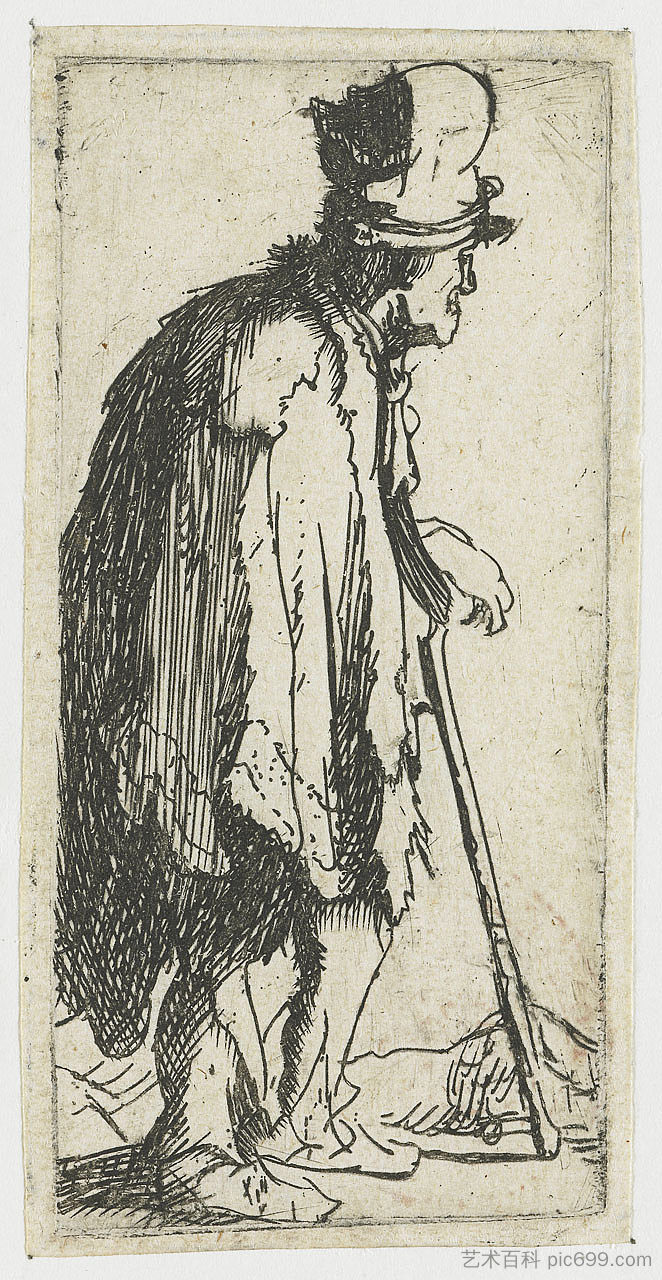 乞丐与一只残废的手靠在一根棍子上 Beggar with a crippled hand leaning on a stick (1629)，伦勃朗