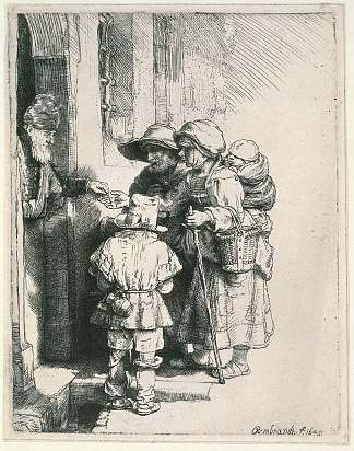 乞丐站在一所房子的门阶上 Beggars on the Doorstep of a House (1648)，伦勃朗