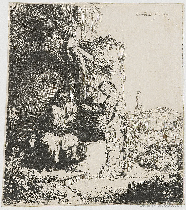 基督和撒玛利亚的女人在废墟中 Christ and the woman of Samaria among ruins (1634)，伦勃朗