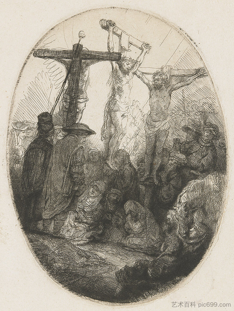 基督把两个小偷钉在十字架上，一块椭圆形的盘子 Christ crucified between the two thieves an oval plate (1641)，伦勃朗