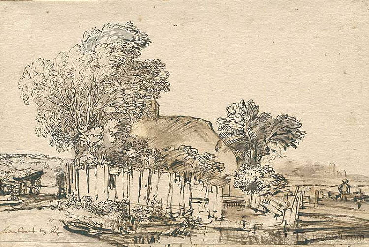 树中间有木篱笆的小屋 Cottage with wooden fence amid trees (1648)，伦勃朗