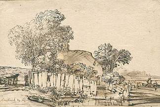 树中间有木篱笆的小屋 Cottage with wooden fence amid trees (1648)，伦勃朗