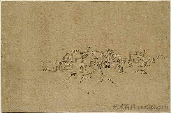 安东尼堤防上的人物进入Houtewael Figures on the Anthoniesdijk Entering Houtewael (c.1650)，伦勃朗