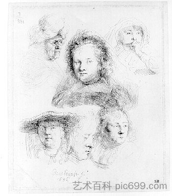 萨斯基亚和一位老年妇女的五项研究 Five studies of Saskia and one of an older woman (1636),伦勃朗