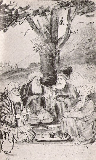 四个东方人坐在树下。纸墨 Four Orientals seated under a tree. Ink on paper (c.1656 – c.1661)，伦勃朗