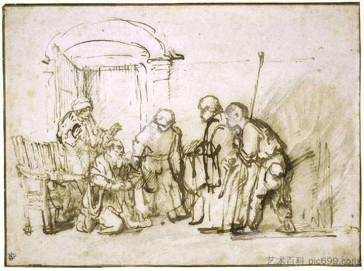 雅各给约瑟看血迹斑斑的衣服 Jacob shown the Bloodstained Coat of Joseph (1653 - 1657),伦勃朗