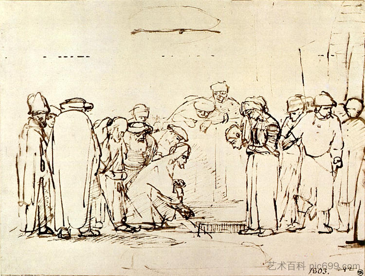 伦勃朗的《耶稣与淫妇 Jesus and the adulteress by Rembrandt，伦勃朗