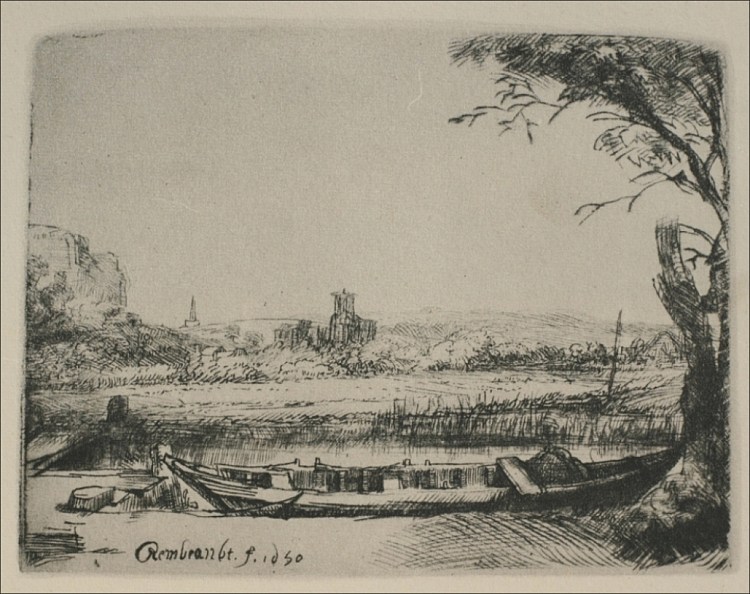 有运河和大船的景观 Landscape with a Canal and Large Boat (1650)，伦勃朗